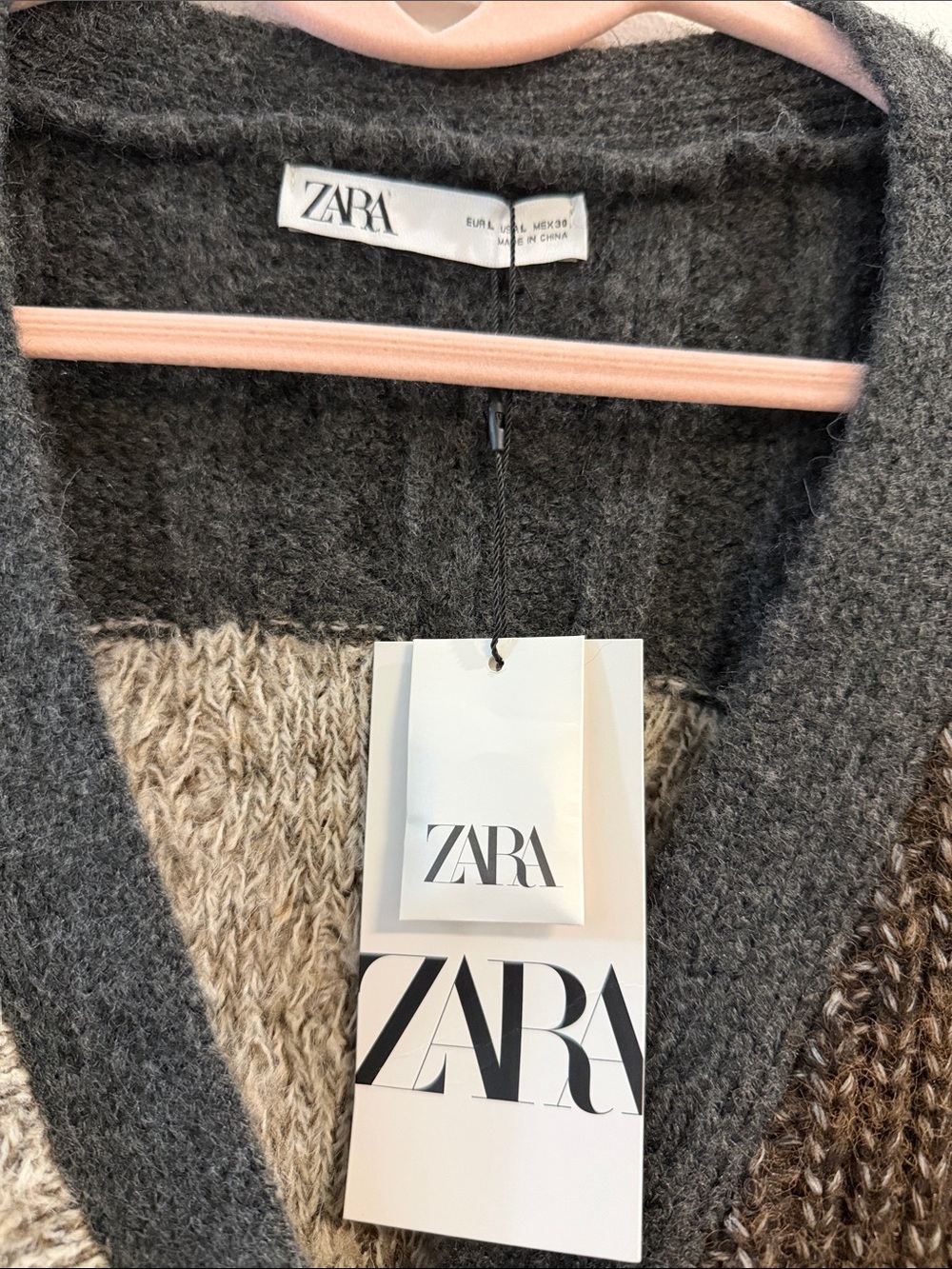 Zara Charcoal Patchwork Cable Knit Cardigan with Cream & Brown Panels - Picture 3 of 6